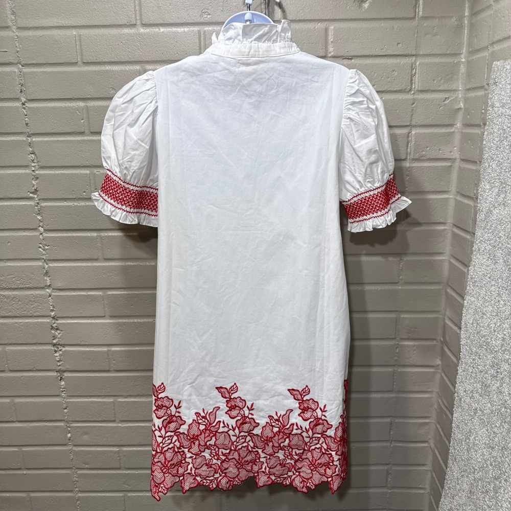 Hyacinth House Eliza Mini Dress White Red Embroidery Smocked Ruffle Neck NWT M - Picture 8 of 16